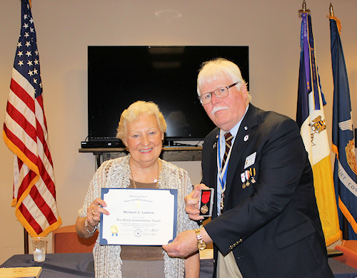 Diane Lawton received the SAR Fire Safety Award on behalf of her husband Michael J. Lawton, who passed away in 2006.  Michael was a founding member of the Holiday Village Fire Department, serving as president for 18 years, and remained an active member of the department throughout his life.